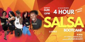 Banner for OC Salsa 4 hour bootcamp Sunday March 9 2025 12-4pm
